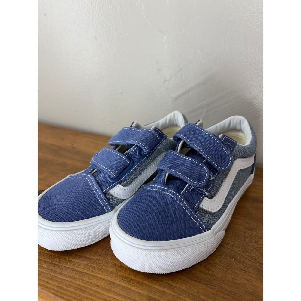 Vans Old Skool V Kids 11 Blue Denim Canvas Hook and Loop Skate Shoes Low Top